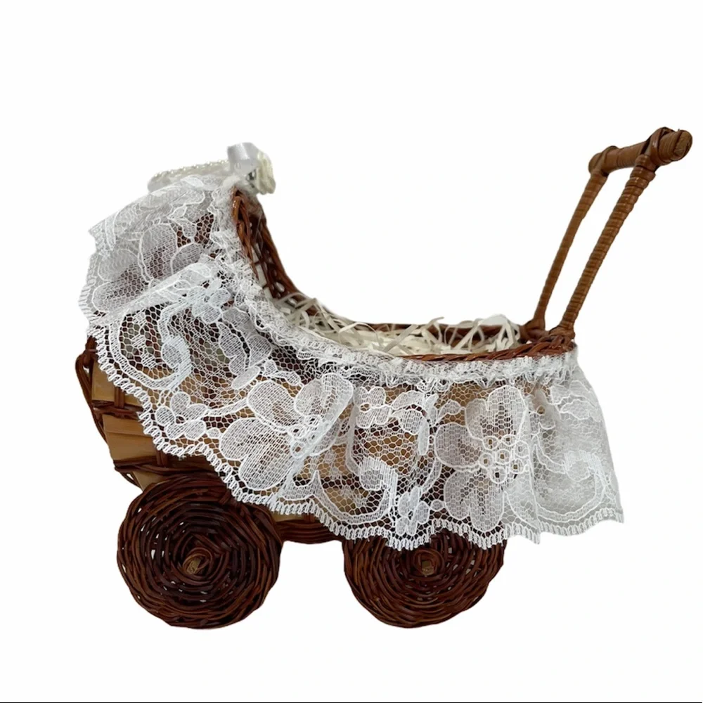 Vintage Lace Wicker Basket Baby Carriage Handcrafted Handmade Victorian Cottage